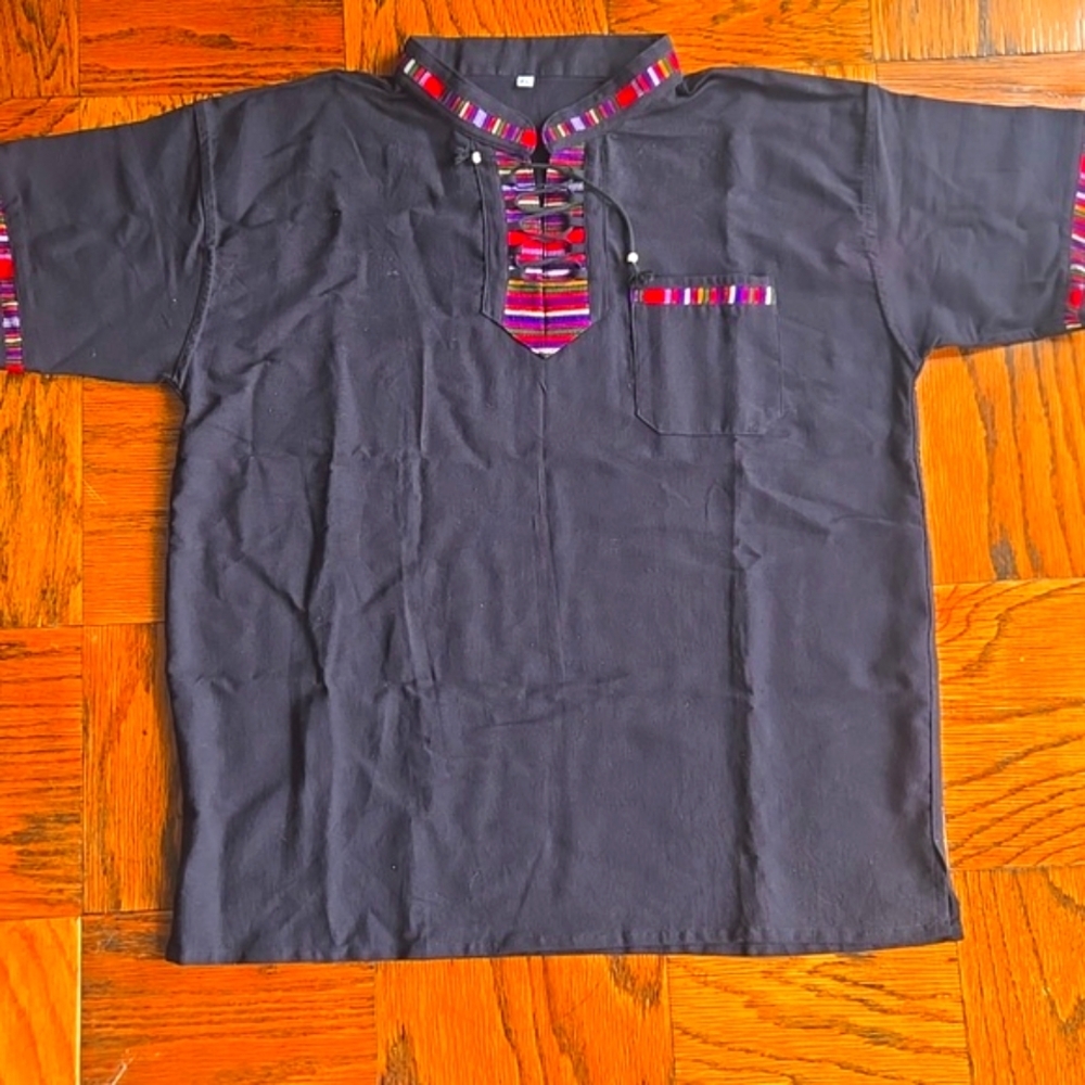 Men’s Guatemalan Woven Artisan Shirt Black Embroidered Boho Top XL - Picture 2 of 12